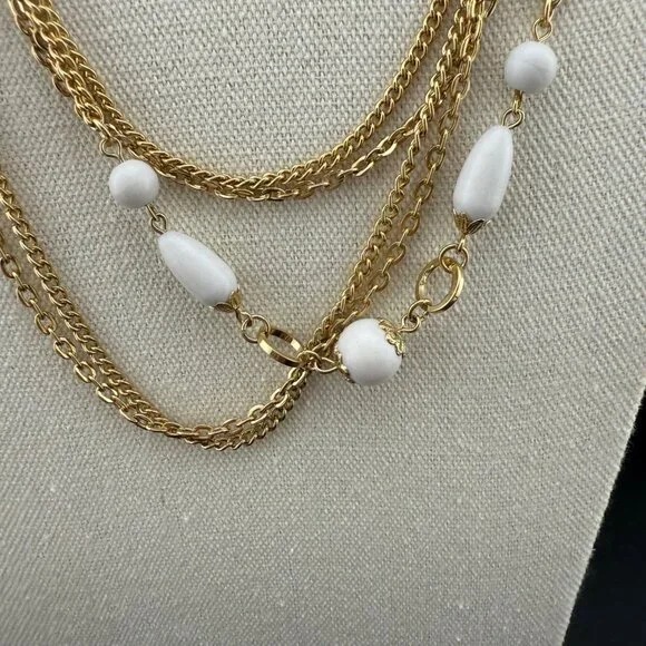 Vintage Gold-Tone Multistrand Necklace With White Plastic Beads Made In Japan - Picture 2 of 9